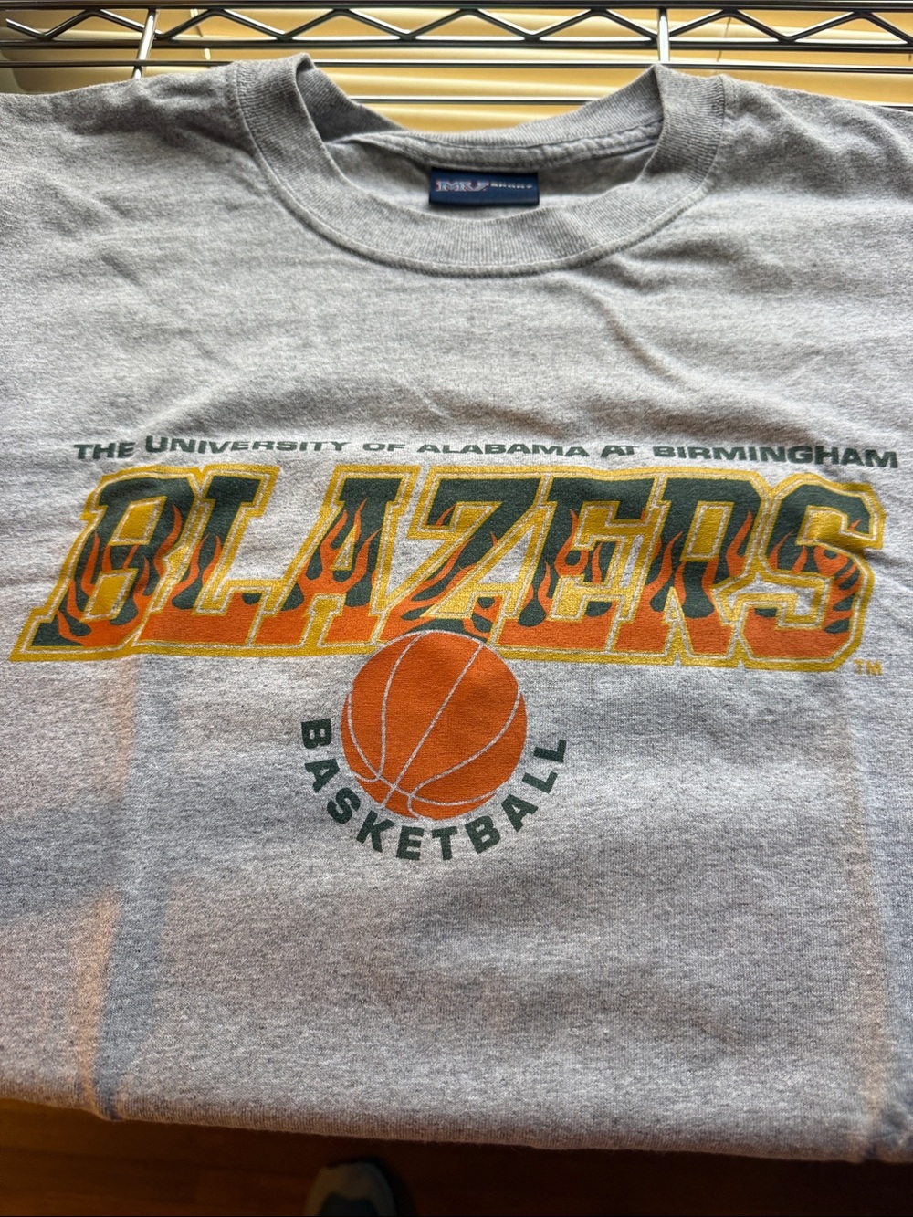 MV Sport Gray T-Shirt with Orange & Green Blazers Basketball Graphic